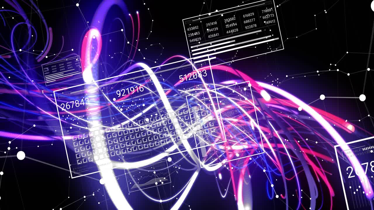 Data frames sliding in network activating neon ribbons weaving pulsing over nodes visualizing data