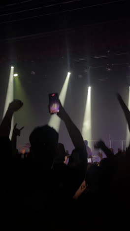 crowd of concertgoers with raised hands enjoying live music under vibrant stage lights