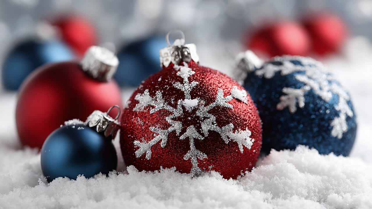 A Festive Display of Glittering Christmas Ornaments: A Beautiful Arrangement of Red and Blue Baubles with Snowflakes Set in a Winter Wonderland Background