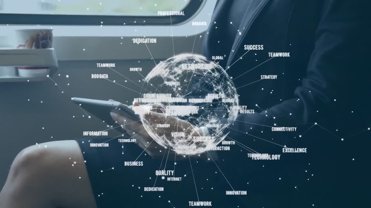 연결의 네트워크의 전 세계의 디지털 구성 사업가의 중간 섹션에 대해 회전