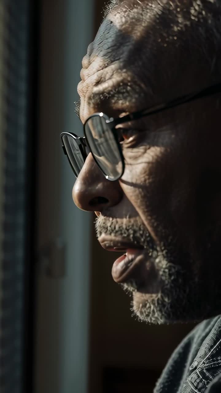 Vertical video: Reacting to light shift, senior man gazing out window, blinking with glasses glare