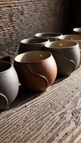 collection of artisanal ceramic cups on rustic wooden surface