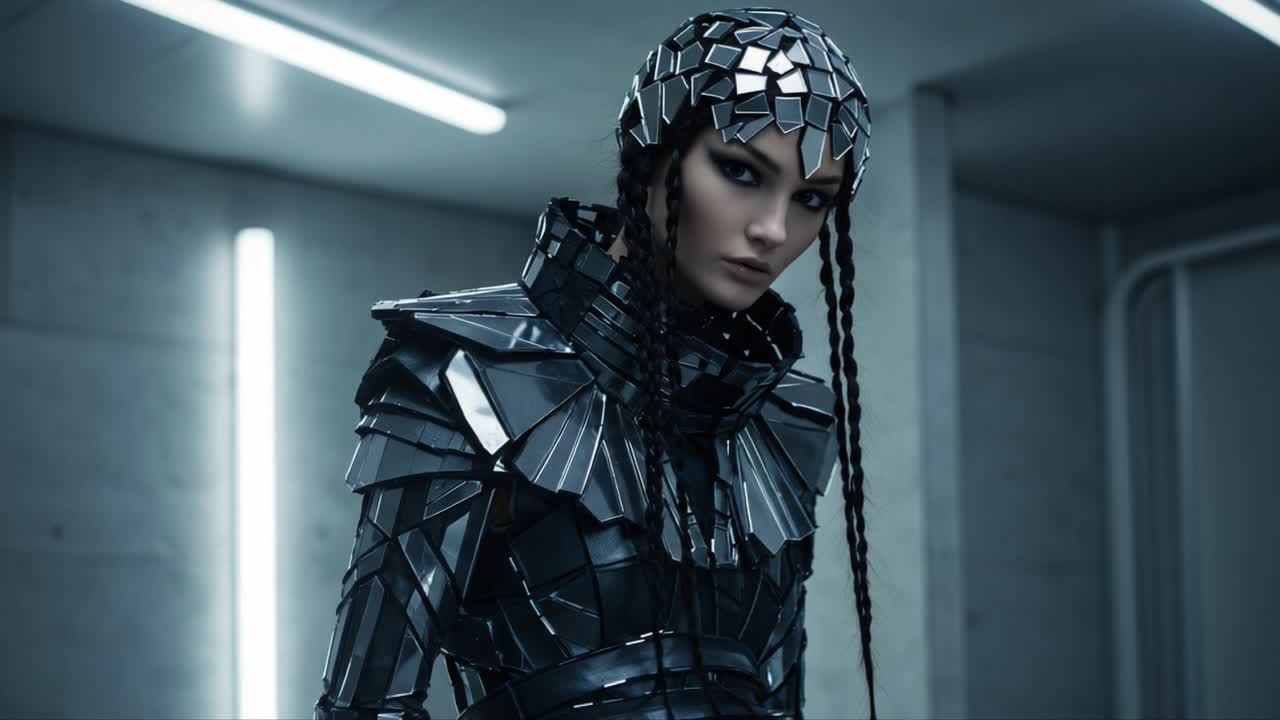 Moda futuristica d'impatto: una modella sfoggia un outfit d'avanguardia realizzato con materiali lucidi simili a specchi in un'ambientazione urbana minimalista.