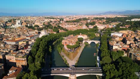 Forward-Drone-Shot-Above-Tiber-Island,-Historic-Island-along-Tiber-River-in-Rome,-Italy