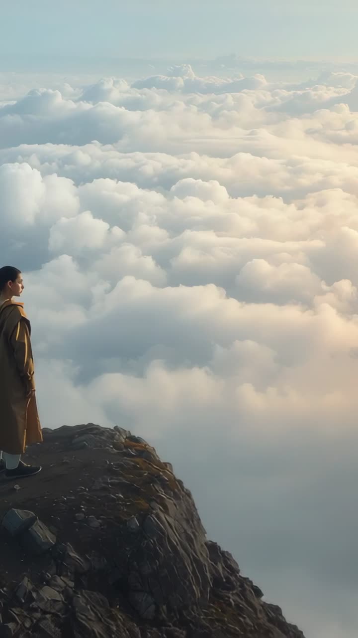 Video verticale: panoramica dalle nuvole, escursionista che cammina con un cappotto fino alla sporgenza, si ferma e guarda, spazio per il testo