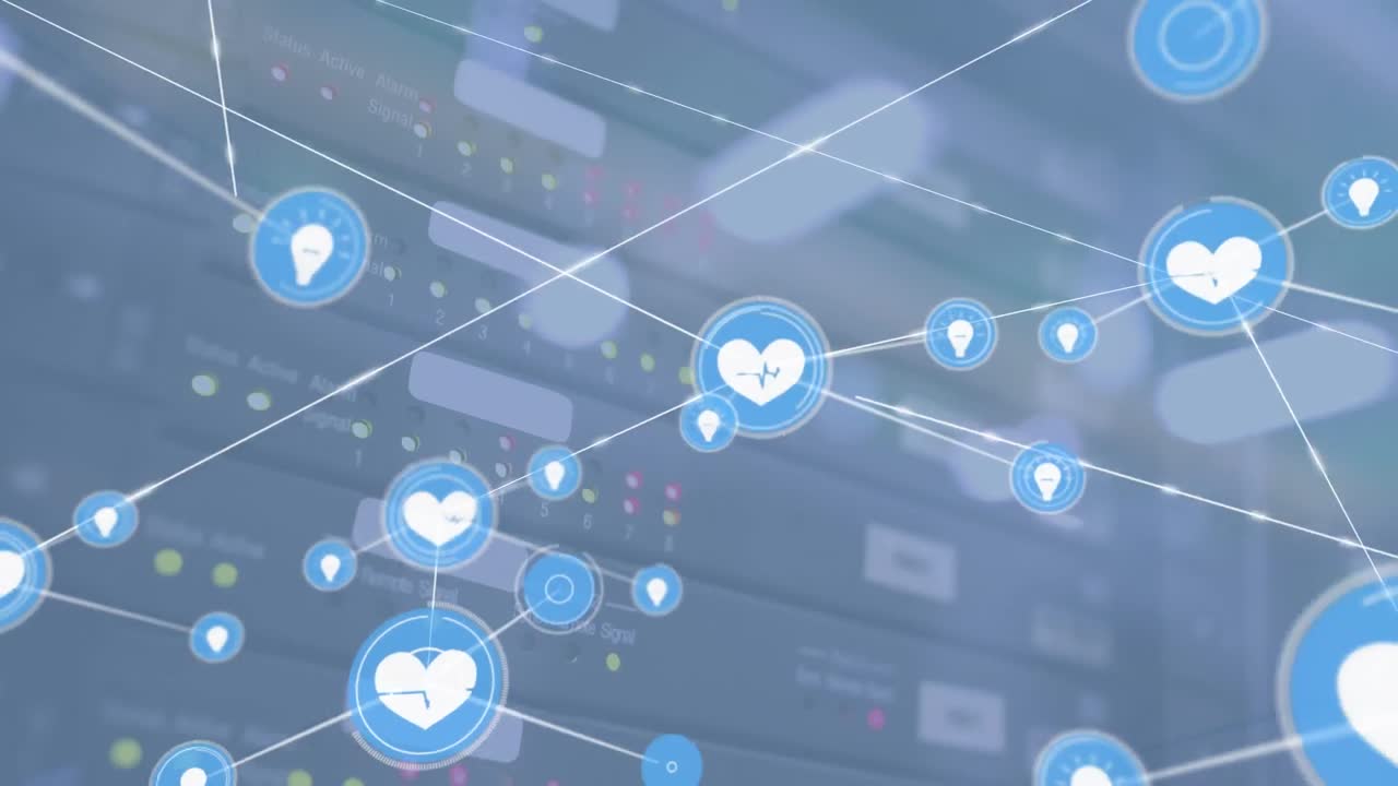 コンピューターサーバーのクローズアップに比べてデジタルアイコンのネットワークのアニメーション
