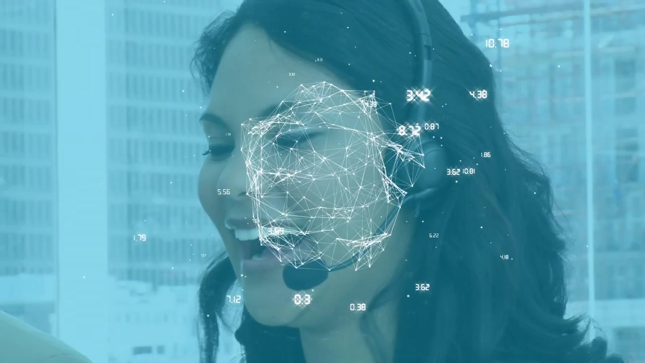 Animazione di rete di connessioni su donna d'affari con auricolare