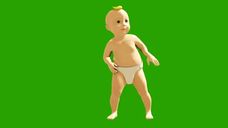 un pequeño bebé está bailando alegremente en el fondo de una pantalla verde. visualización 3d, animación de un niño bailando. animación en bucle.