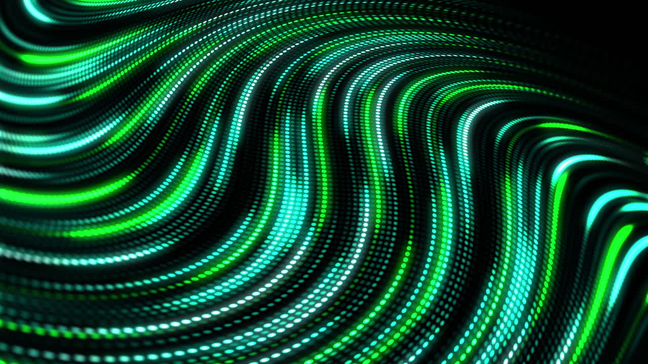Wavy lines of glowing green diodes on a dark background. Futuristic colored moving dots. Looped dynamic abstract animation.