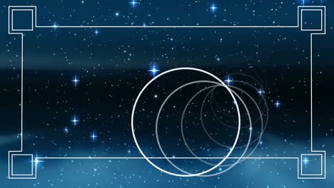 animación de círculos múltiples brillantes con marco blanco sobre estrellas brillantes en el cielo nocturno