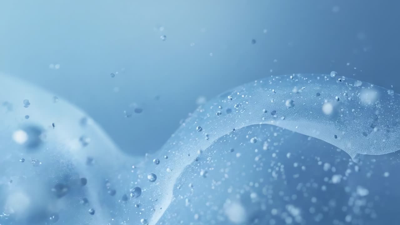 Panning camera revealing ribbon film drifting through blue field, showing microbubbles and droplets