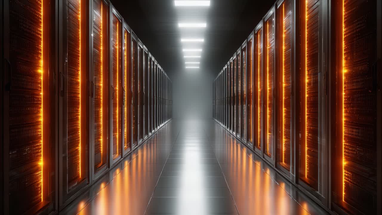 A Mesmerizing Look Inside a Server Room: The Illuminated Aisles of Data Storage with Futuristic Design and Vibrant Lighting Creating a High-Tech Environment