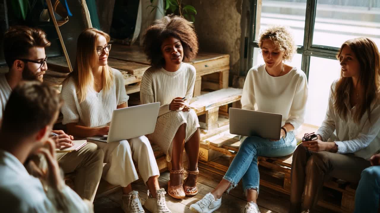 A Diverse Group of Individuals Engaged in a Productive Discussion While Sitting in a Brightly Lit Space, Collaborating and Sharing Ideas on Their Laptops