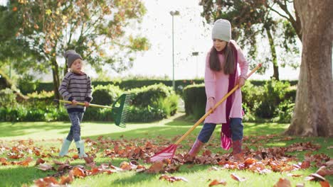 Video-of-happy-caucasian-brother-and-sister-raking-up-autumn-leaves-in-sunny-garden