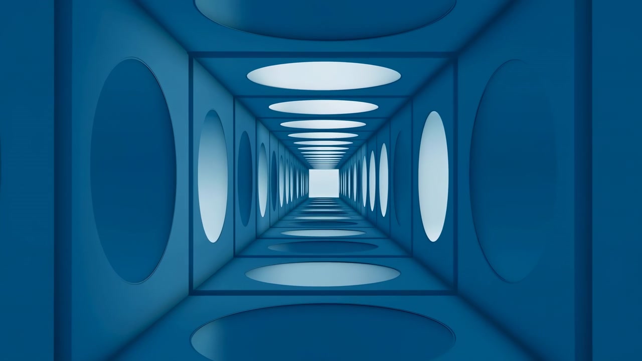 Niebieski futurystyczny korytarz tunelowy z portalami, symetryczne geometryczne wnętrze z okrągłymi oknami