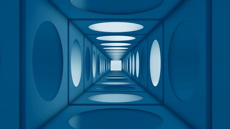 Corredor de túnel futurista azul con portales, interior geométrico simétrico con ventanas circulares