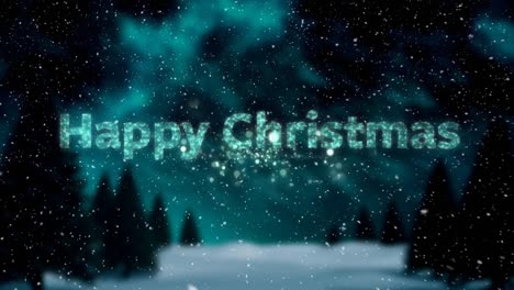 Happy-christmas-text-over-fireworks-exploding-against-snow-falling-over-winter-landscape