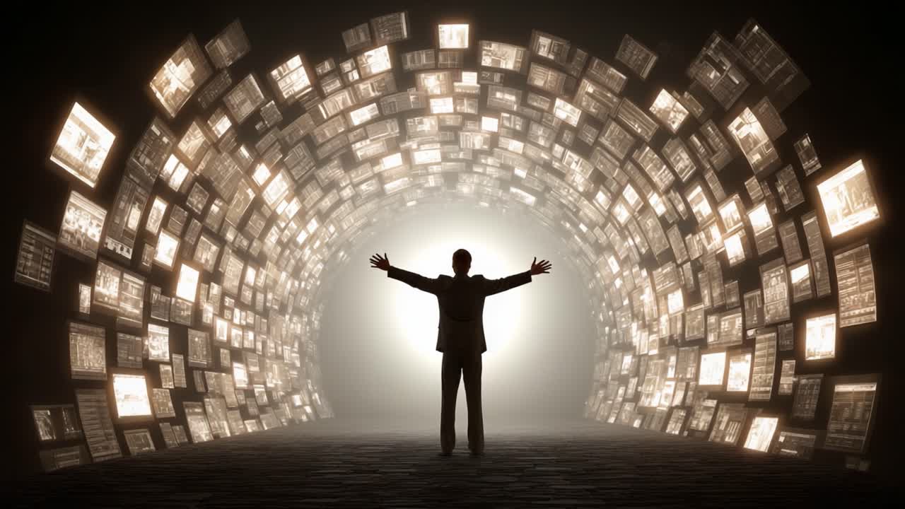 A man stands in awe at the entrance of a mesmerizing tunnel, where illuminated frames showcase a captivating display of images and stories from various dimensions of life