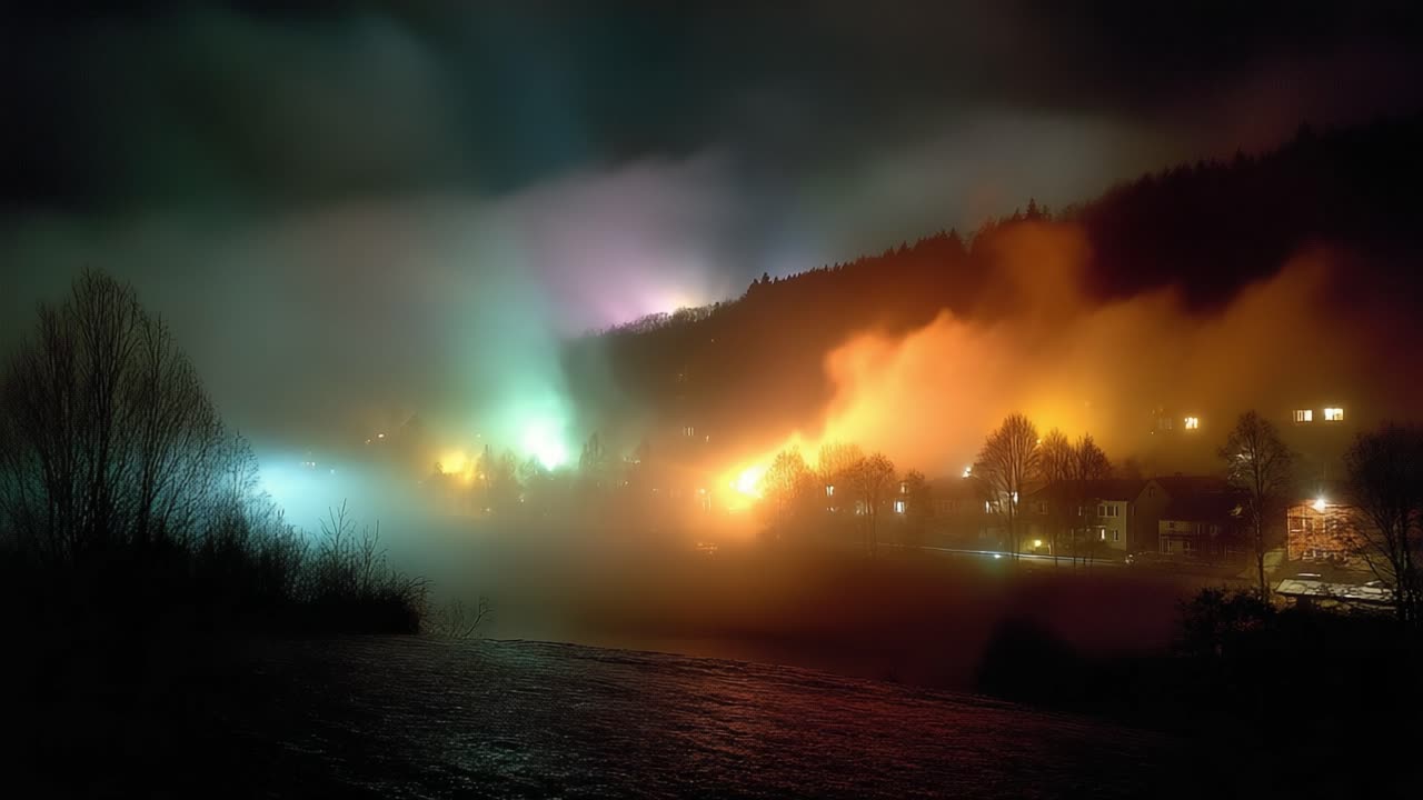 A Mysterious Night Scene with Ethereal Colors and Fog Overlooking a Hillside Town Illuminated by Vibrant Lights Amidst a Dreamlike Atmosphere