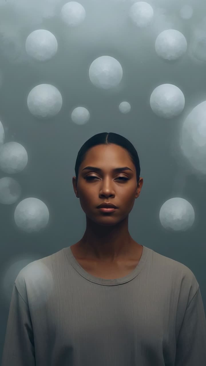Vertical video: Raising head, model opening eyes in studio, with crewneck and light-orb backdrop