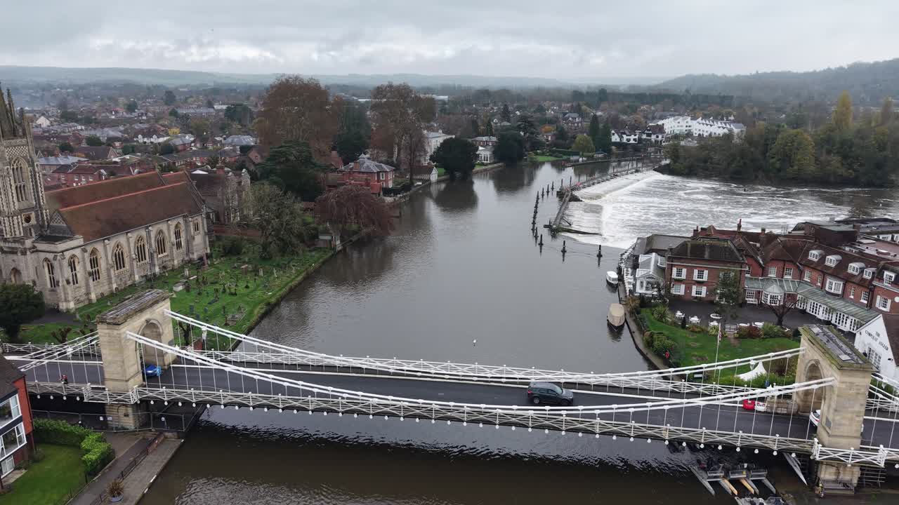 Marlow road Bridge and wier over River Thames drone,aerial