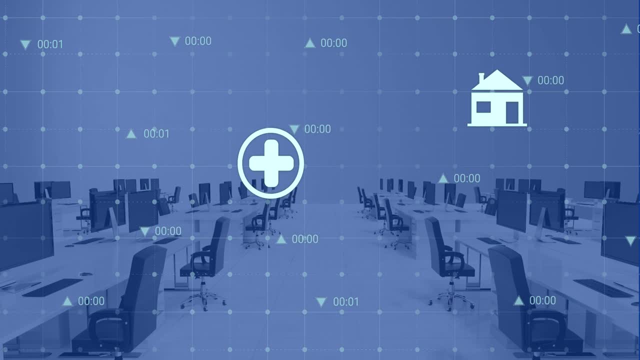 빈 사무실에 대한 그리드 네트워크를 통해 여러 디지털 아이콘의 애니메이션