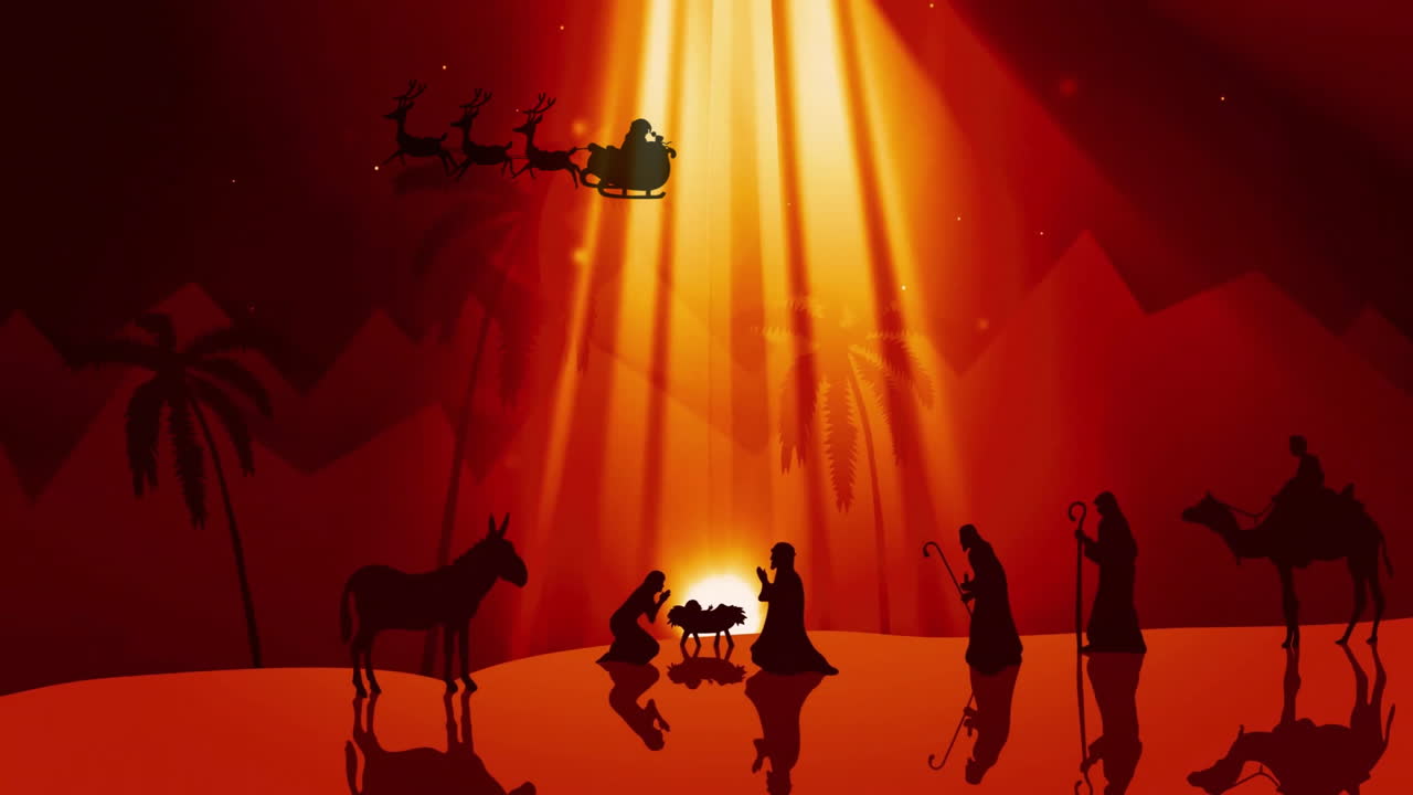 Santa sleigh and reindeer animation over nativity scene with silhouettes