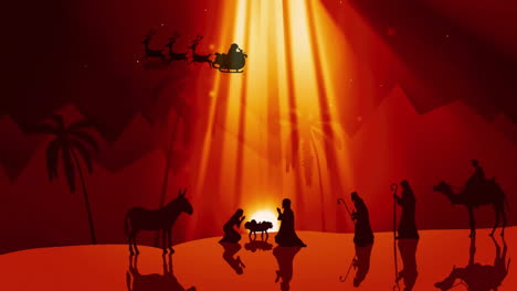 santa sleigh and reindeer animation over nativity scene with silhouettes