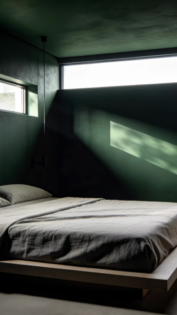 Streaming sunlight passing through high window onto platform bed in bedroom, shifting as sun moves