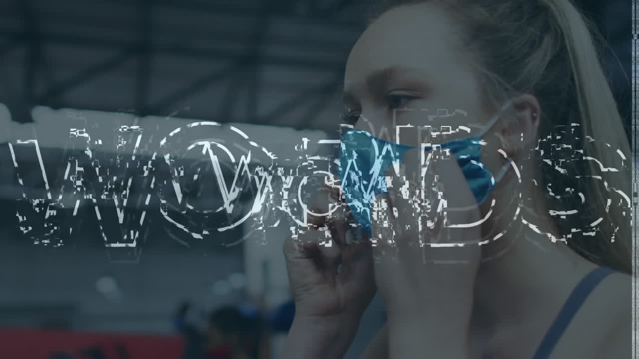 wow texto con efecto de falla contra mujer caucásica que lleva máscara facial en el gimnasio