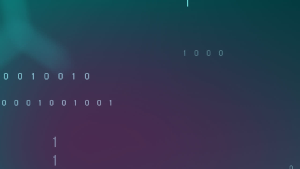 Animation of data processing and binary coding against purple gradient background
