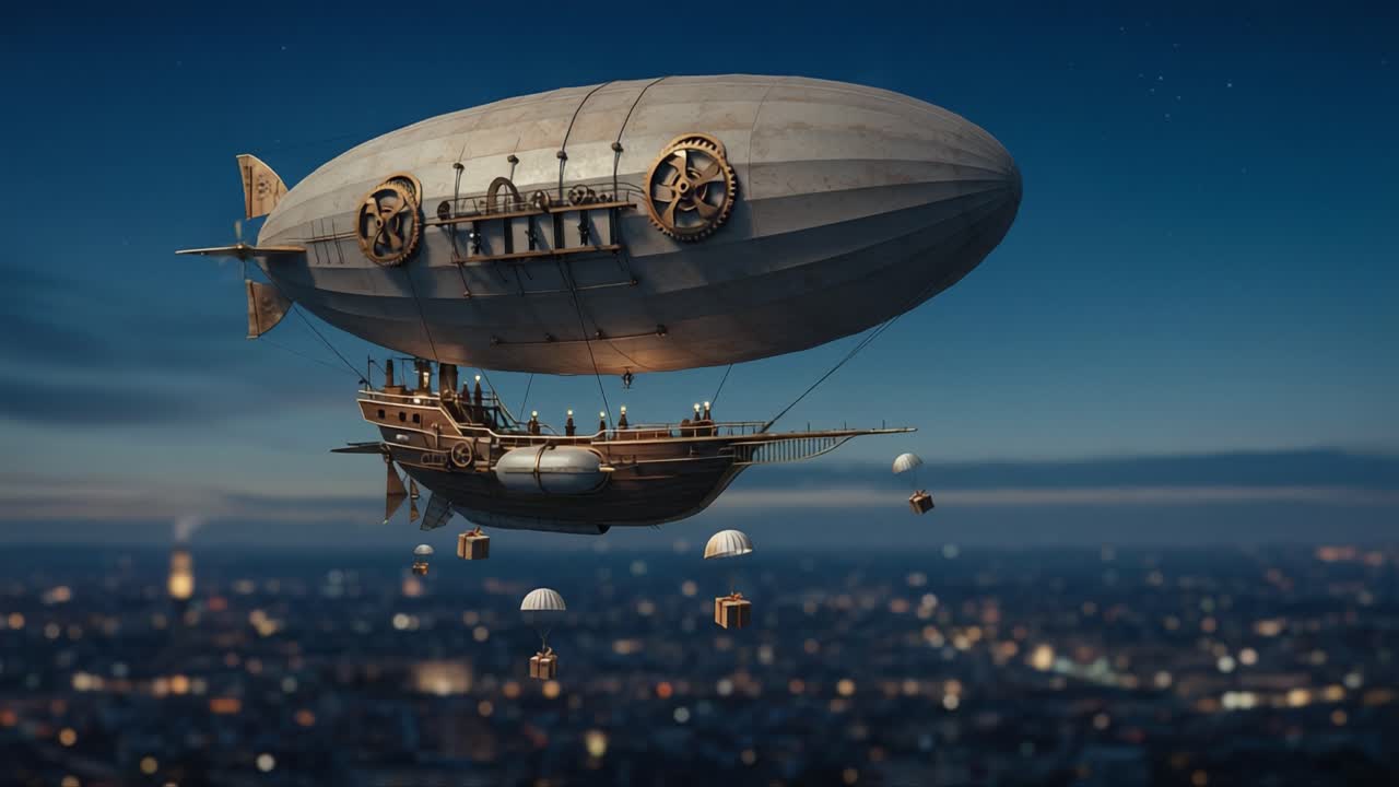 Majestic Steampunk Airship Suspended Above a City at Dusk, Showcasing Intricate Gear Mechanisms and Dropping Supplies with a Beautifully Lit Skyline Below