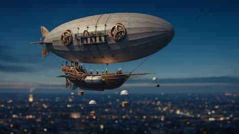 majestic steampunk airship suspended above a city at dusk, showcasing intricate gear mechanisms and dropping supplies with a beautifully lit skyline below