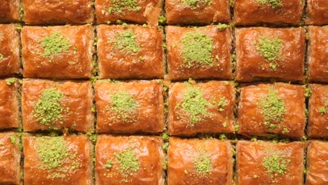 close-up of a tray of pistachio baklava