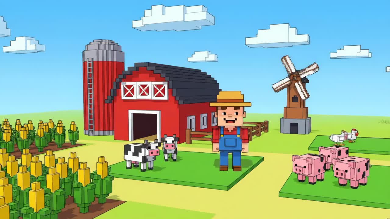 Pixel art di un agricoltore che lavora in un'allegra fattoria con animali