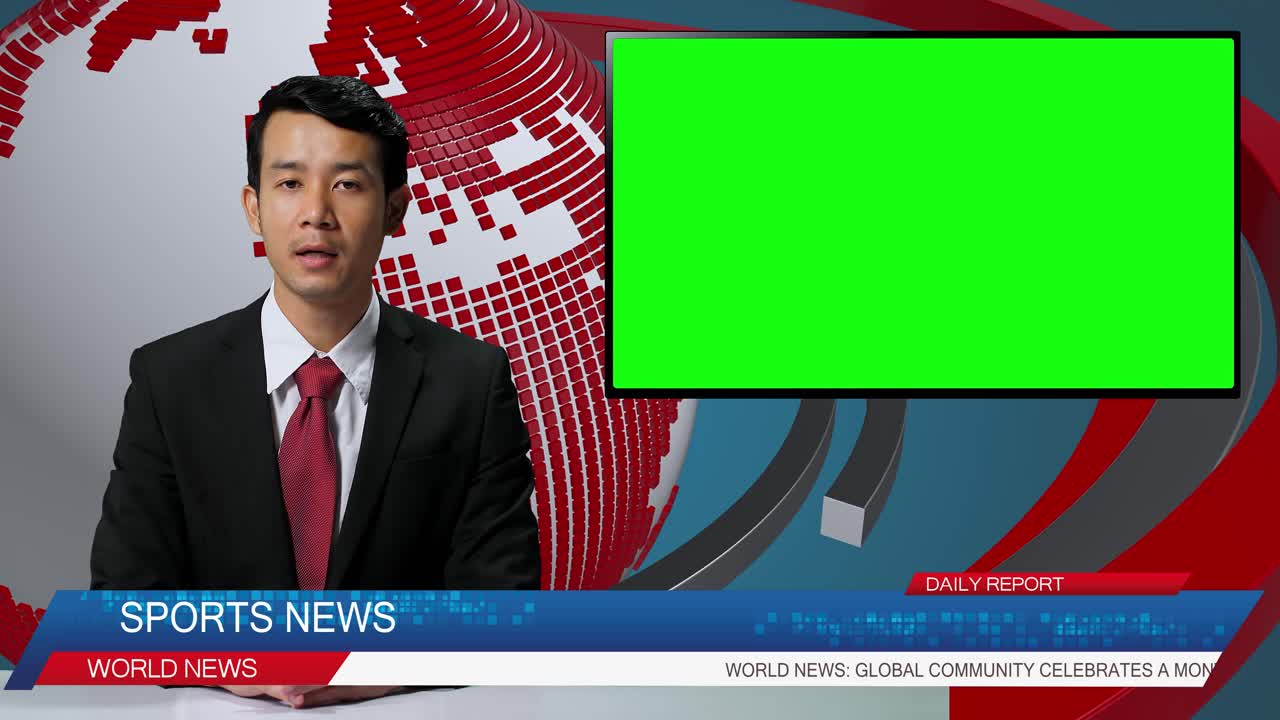 Live News Studio With Male Anchor Reporting On The Sport, Video Story Show Green Chroma Key Screen Placeholder Copy Space.Television Newsroom Channel With Professional Presenter