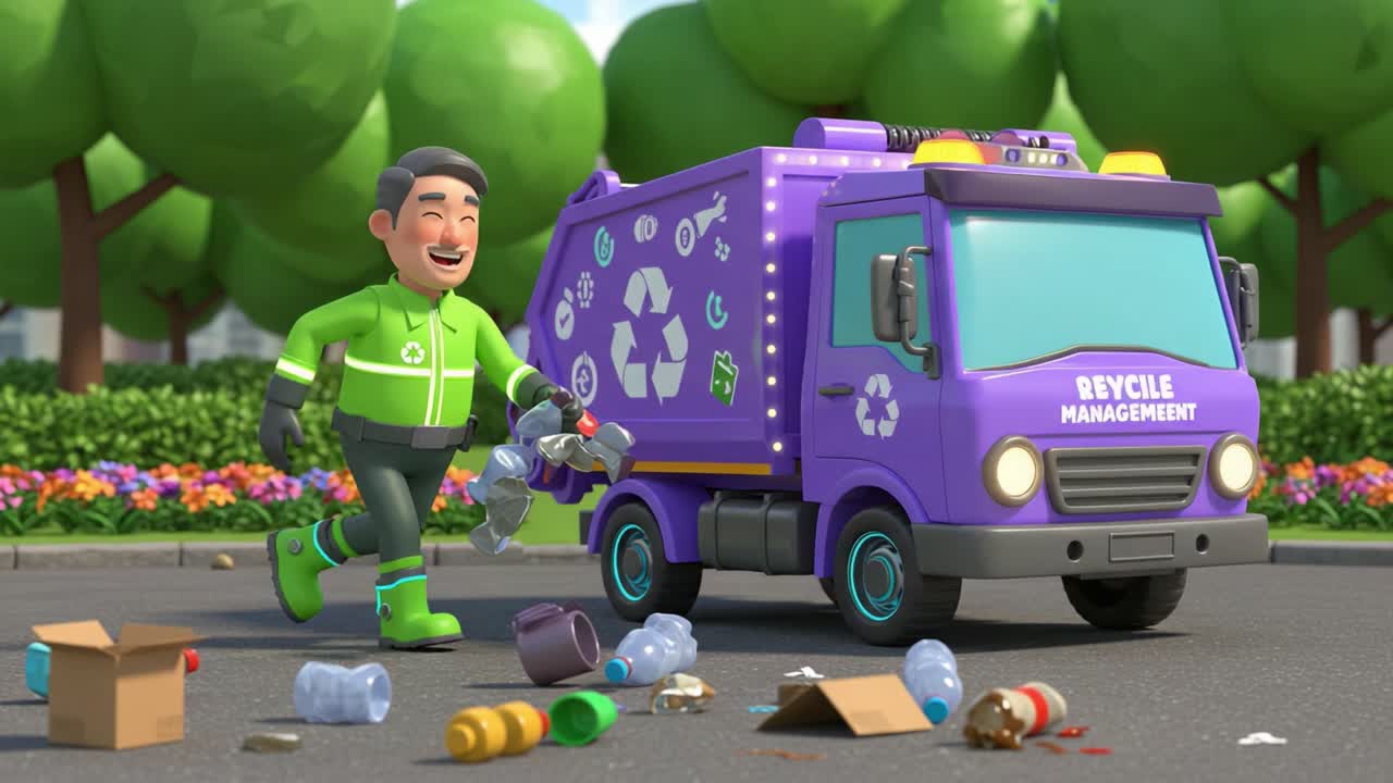 Animated Recycling Scene Featuring a Joyful Character Collecting Litter with a Purple Truck in a Lush Park Setting Highlighting Environmental Awareness and Cleanliness Efforts