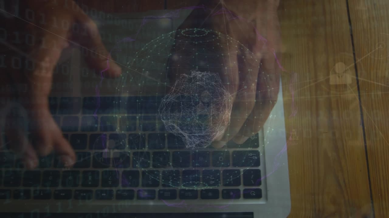 Animation of global network and data processing over hands using computer keyboard
