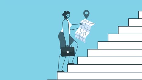 businesswoman with briefcase climb the stairs with gps map. flat design female cartoon character isolated loop 2d animation