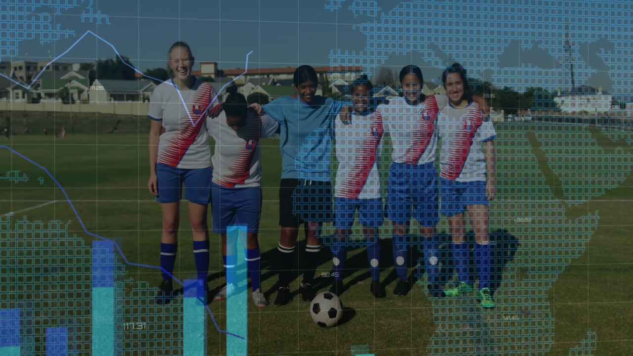 female soccer players linking arms on outdoor field for sports data, displaying world-map overlay
