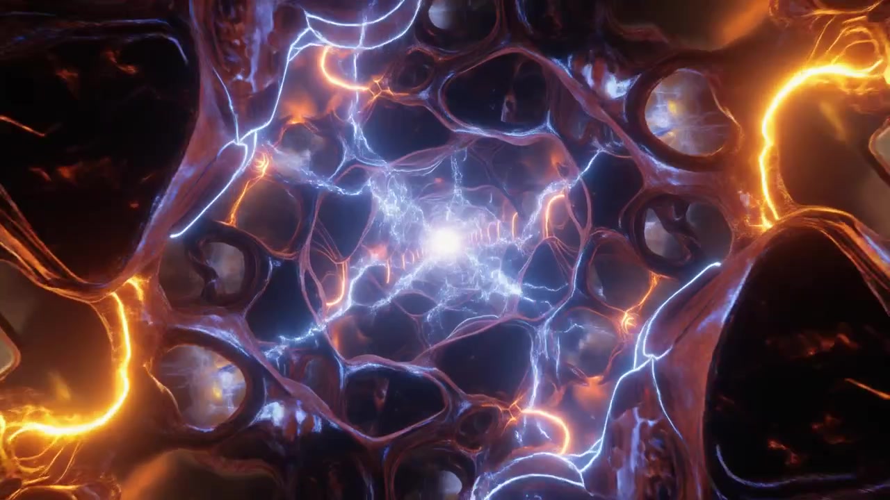 Tunnel Astratto di Strutture Organiche con Archi di Fulmini Elettrici