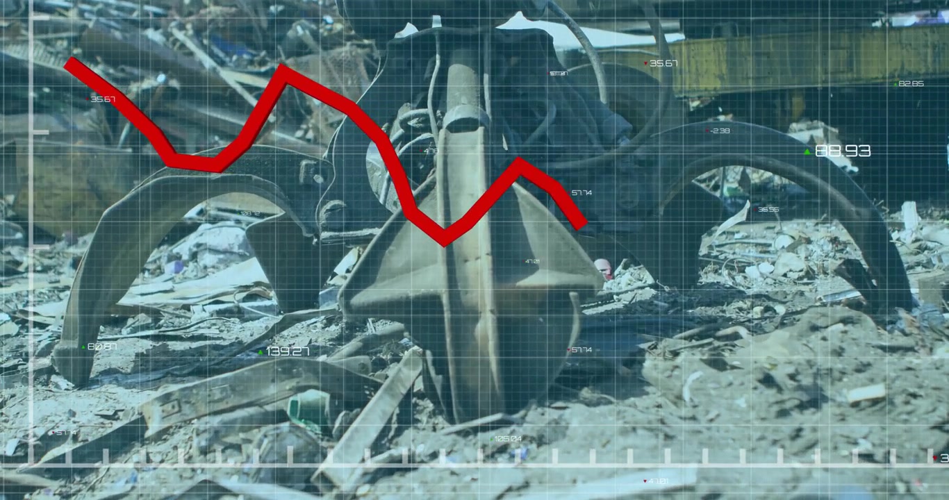 Animazione di un grafico finanziario in declino su macchinari industriali in un'ambientazione da deposito di rottami