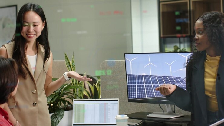 Pair presenting, seated colleague turning and speaking, laptop and solar monitor aiding energy plan