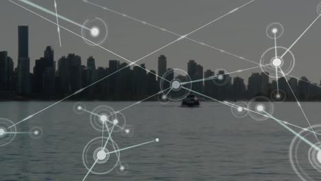 animation of network of connections over cityscape