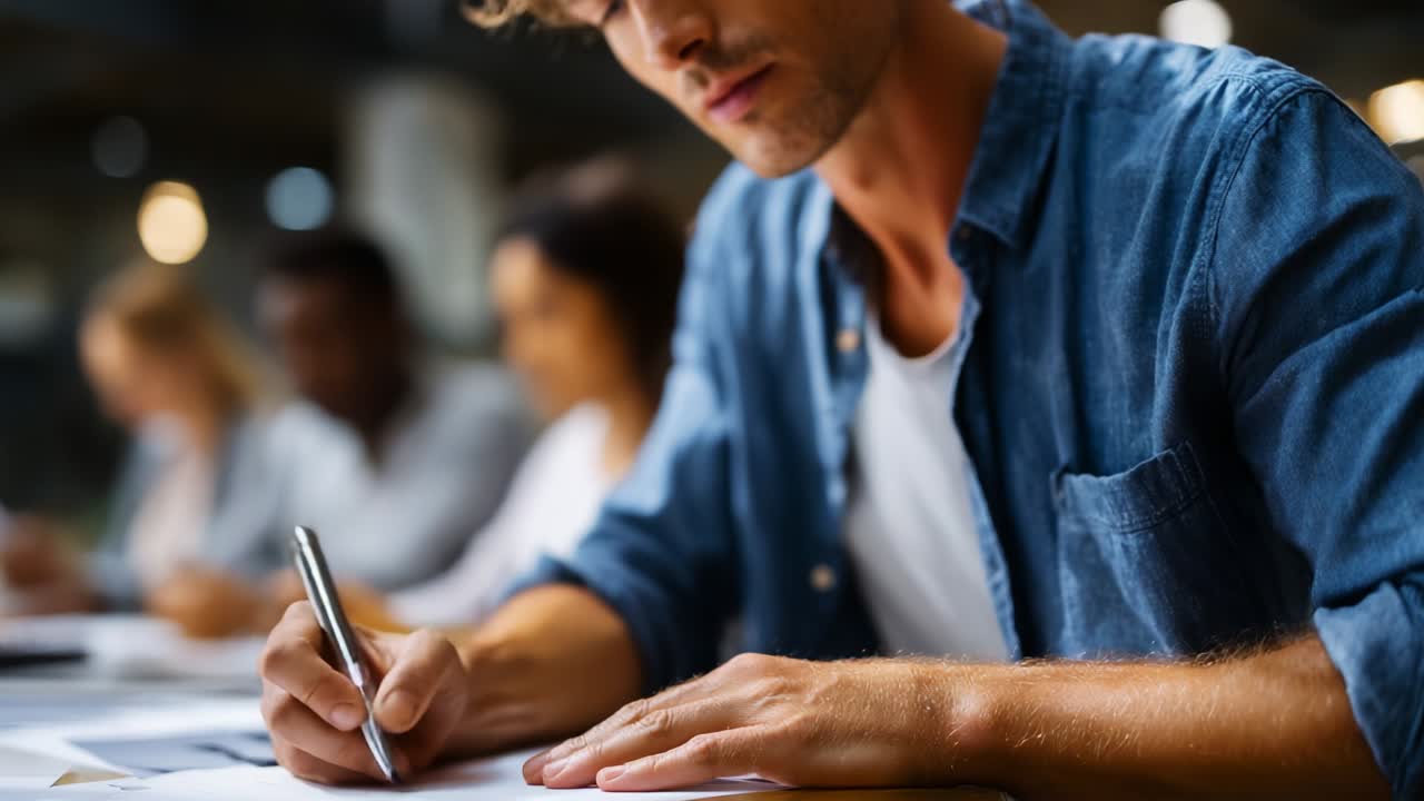A focused individual attentively writing and sketching on a notepad while participating in a collaborative session with others, emphasizing concentration and teamwork in a dynamic work environment