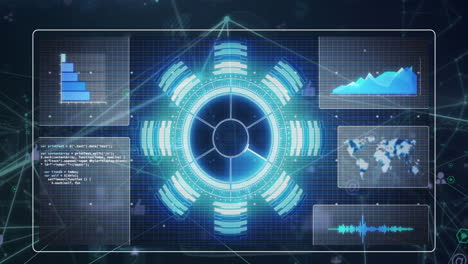 animation of interface with neon round scanner, data processing and network of connections