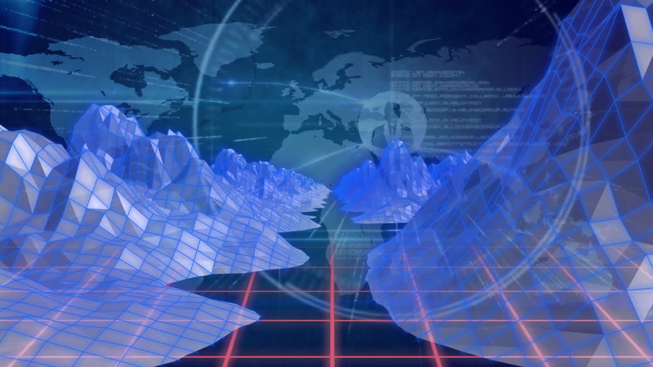 빙산과 세계 지도 위의 연결 네트워크의 애니메이션