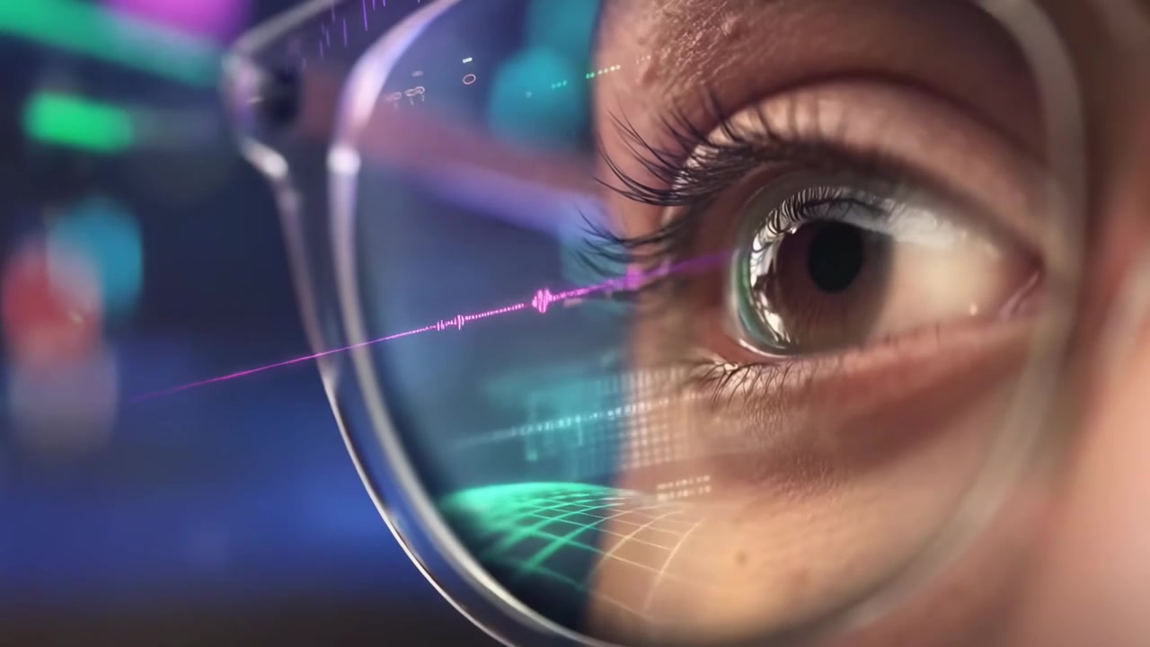 Person Wearing Smart Glasses Interacting with Digital Data Visualization