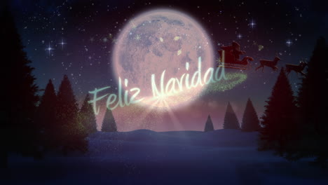 silhouette of santa claus in sleigh being pulled by reindeers over feliz navidad text