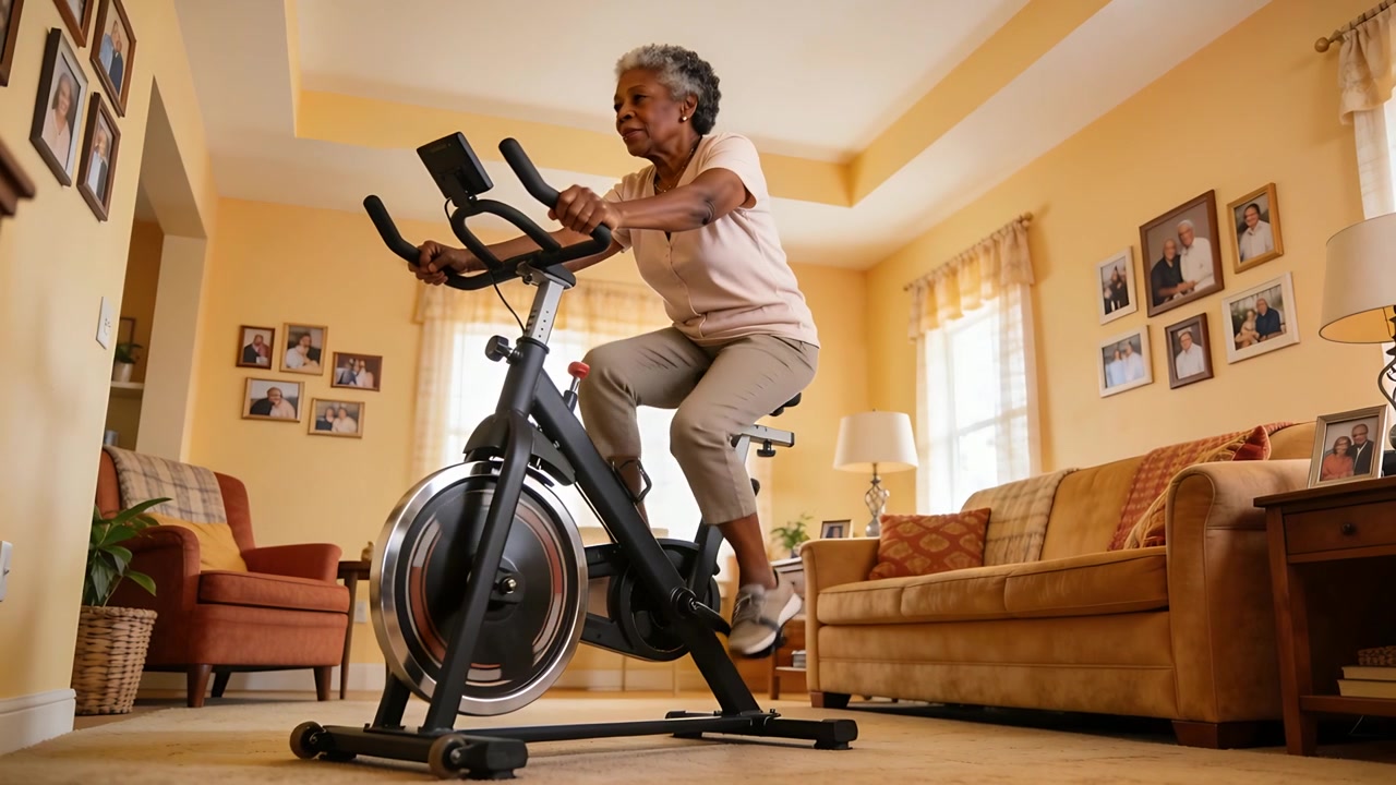 Donna anziana inizia l'allenamento pedalando su una cyclette a casa, cambiando postura in abbigliamento sportivo.